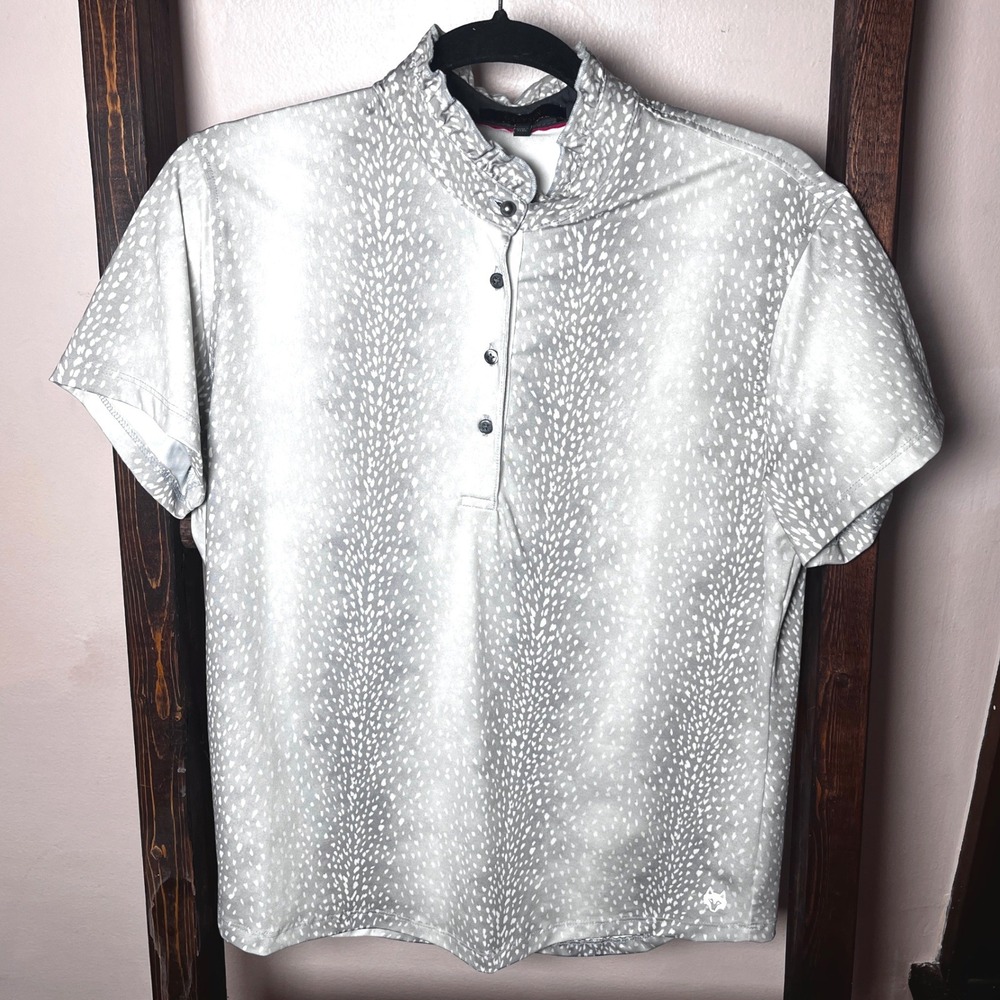 Greyson Womens Grey Deer Print Ruffle Neck Golf Polo Shirt Short Sleeve Size M